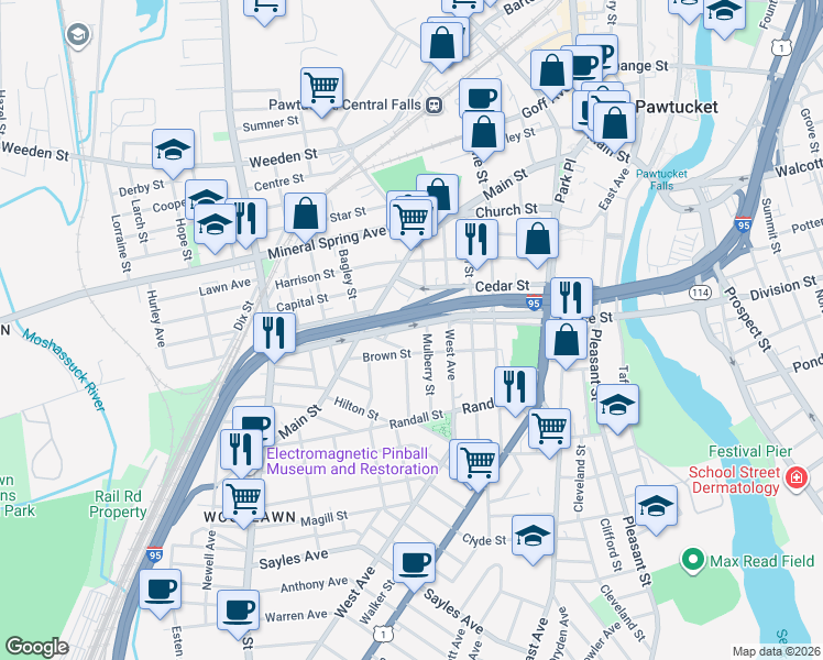 map of restaurants, bars, coffee shops, grocery stores, and more near 101 Mulberry Street in Pawtucket