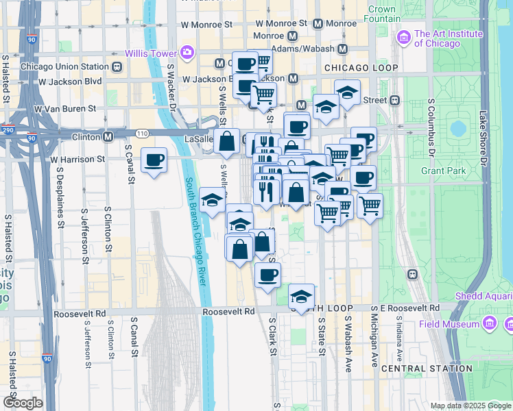 map of restaurants, bars, coffee shops, grocery stores, and more near 124 West Polk Street in Chicago
