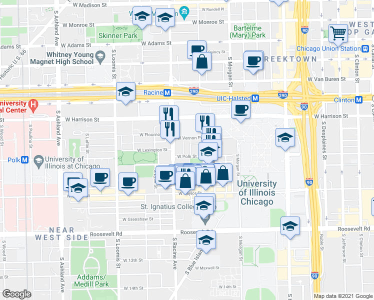 map of restaurants, bars, coffee shops, grocery stores, and more near 712 South May Street in Chicago