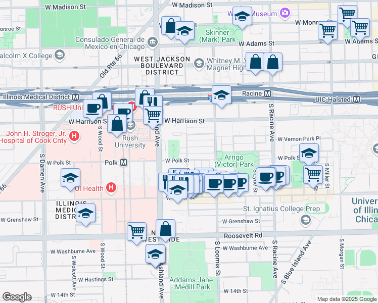 map of restaurants, bars, coffee shops, grocery stores, and more near 708 South Laflin Street in Chicago