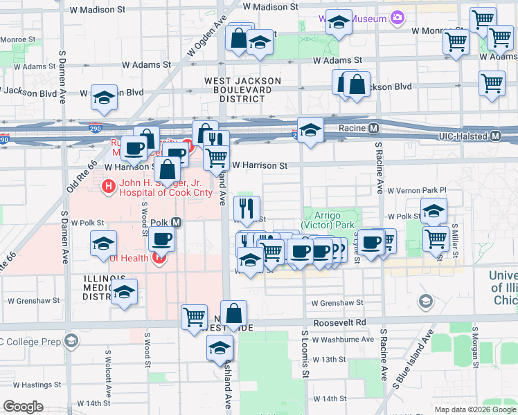 map of restaurants, bars, coffee shops, grocery stores, and more near 708 South Laflin Street in Chicago