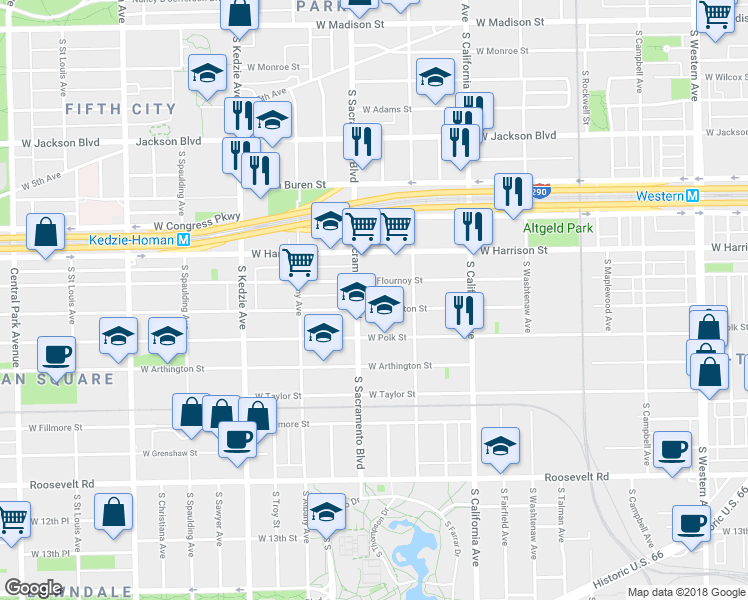 map of restaurants, bars, coffee shops, grocery stores, and more near 709 South Sacramento Boulevard in Chicago