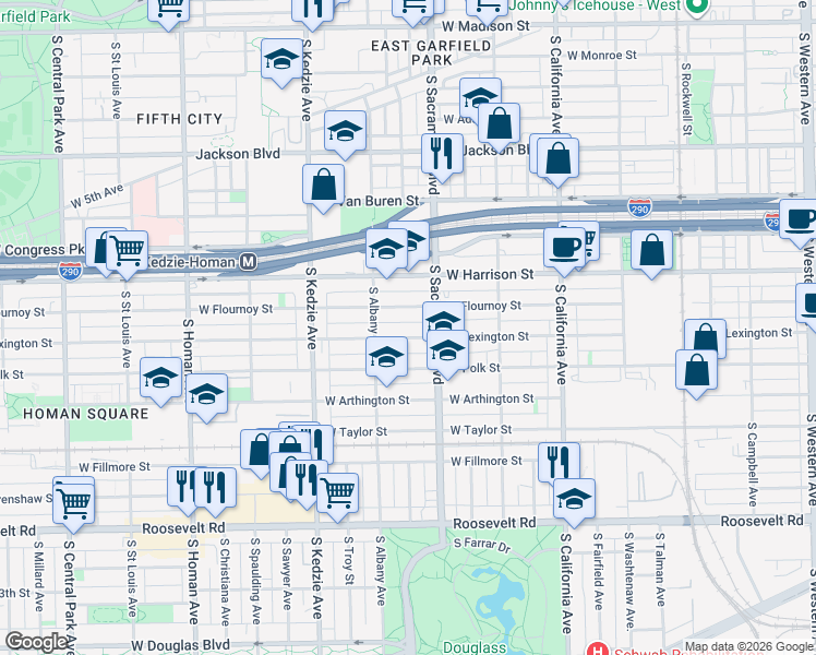 map of restaurants, bars, coffee shops, grocery stores, and more near 3027 West Flournoy Street in Chicago