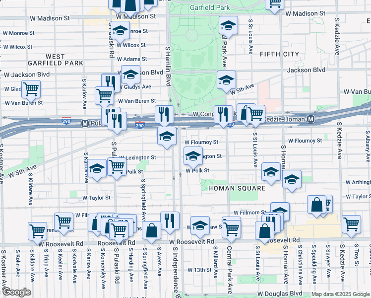 map of restaurants, bars, coffee shops, grocery stores, and more near 3711 West Flournoy Street in Chicago