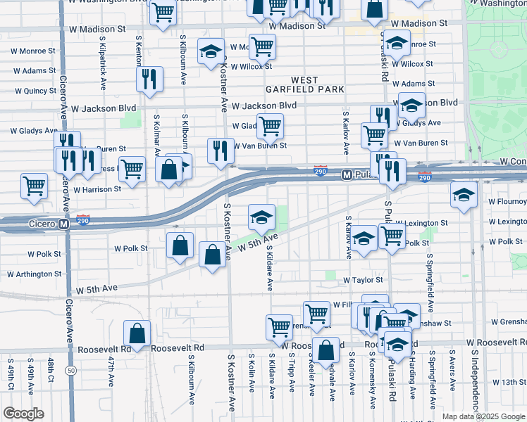 map of restaurants, bars, coffee shops, grocery stores, and more near 4318 West Flournoy Street in Chicago