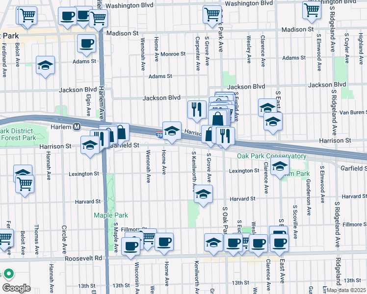 map of restaurants, bars, coffee shops, grocery stores, and more near 903 Clinton Avenue in Oak Park