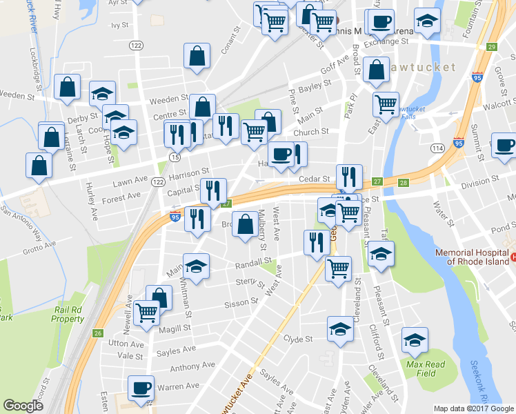 map of restaurants, bars, coffee shops, grocery stores, and more near 101 Mulberry Street in Pawtucket