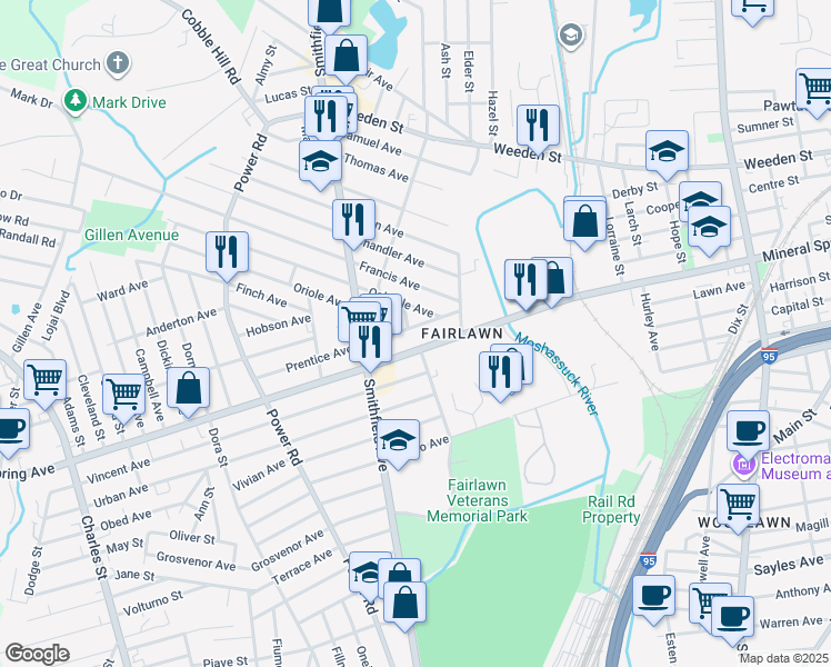 map of restaurants, bars, coffee shops, grocery stores, and more near 61 Fairview Avenue in Pawtucket