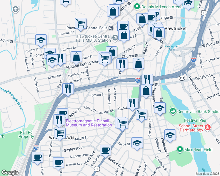 map of restaurants, bars, coffee shops, grocery stores, and more near 101 Mulberry Street in Pawtucket