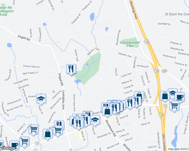 map of restaurants, bars, coffee shops, grocery stores, and more near 76A Valley Green Court in North Providence