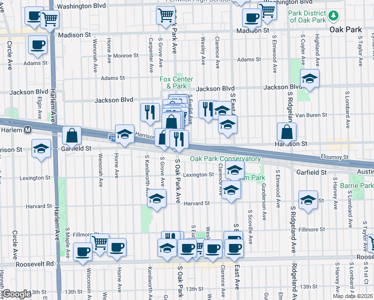 map of restaurants, bars, coffee shops, grocery stores, and more near 950 South Oak Park Avenue in Oak Park