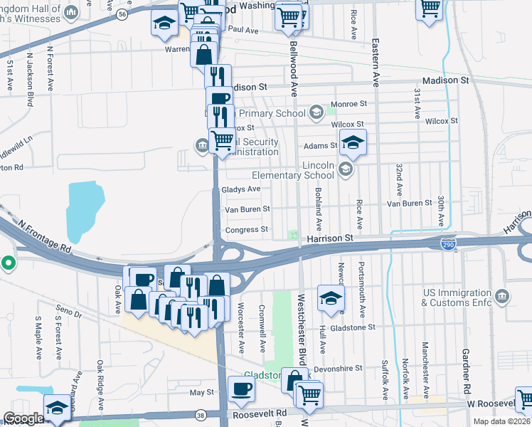 map of restaurants, bars, coffee shops, grocery stores, and more near 3825 Van Buren Street in Bellwood