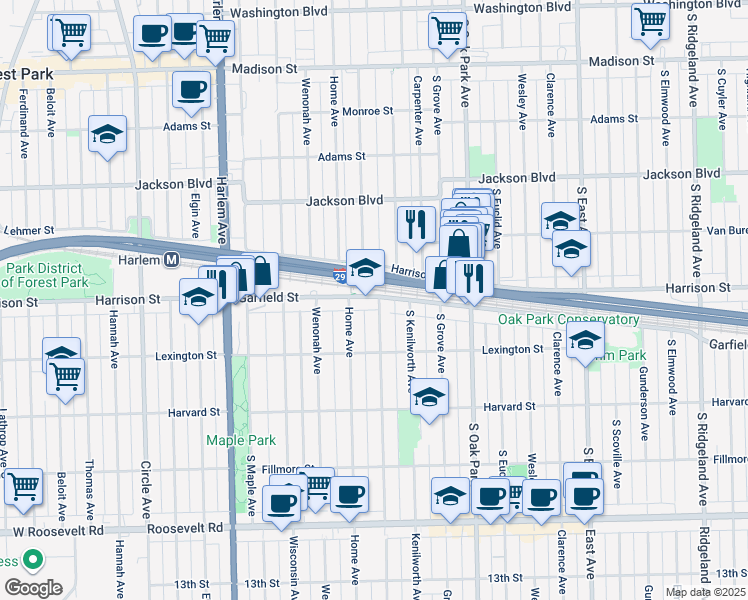 map of restaurants, bars, coffee shops, grocery stores, and more near 903 Clinton Avenue in Oak Park