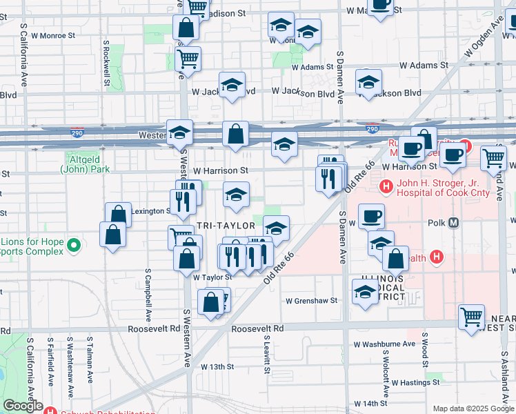 map of restaurants, bars, coffee shops, grocery stores, and more near 2201 West Campbell Park Drive in Chicago