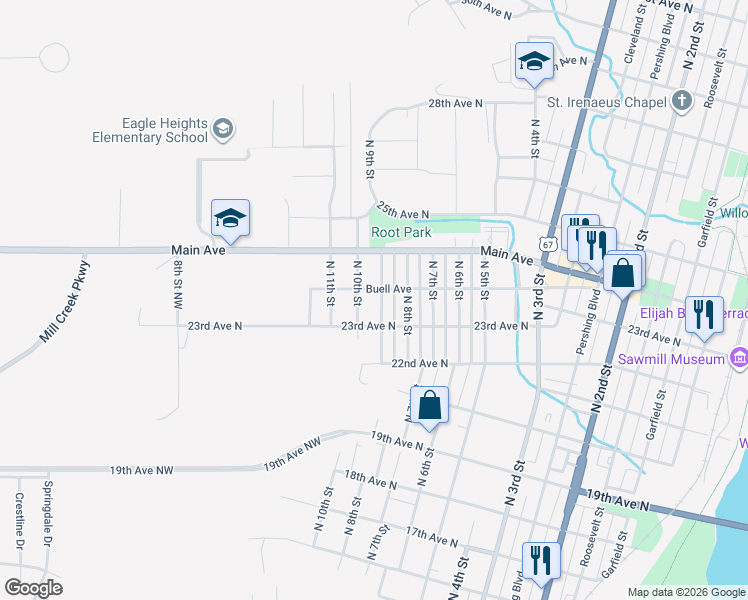 map of restaurants, bars, coffee shops, grocery stores, and more near 2300-2324 North 9th Street in Clinton