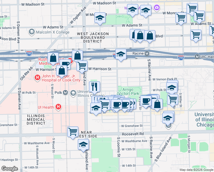 map of restaurants, bars, coffee shops, grocery stores, and more near 1430 West Lexington Street in Chicago