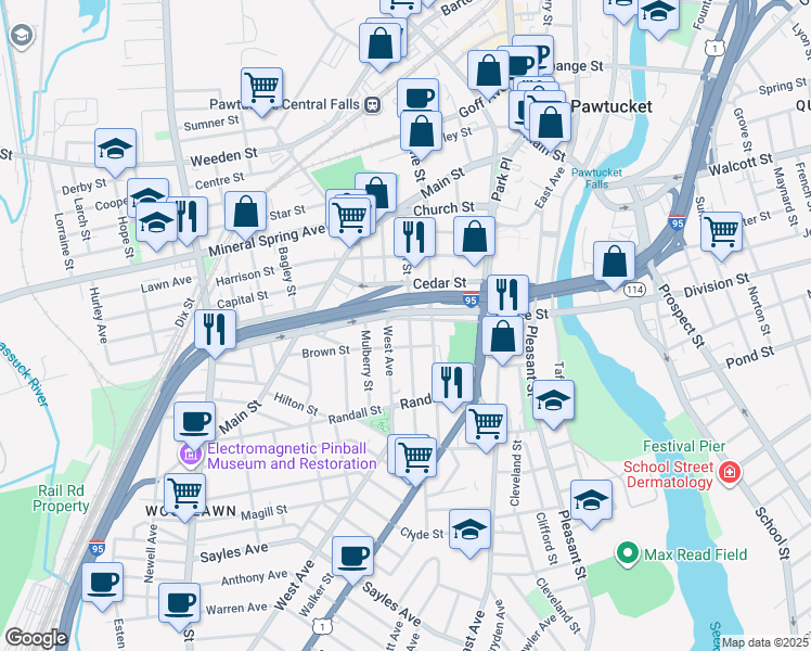 map of restaurants, bars, coffee shops, grocery stores, and more near 80 Grace Street in Pawtucket
