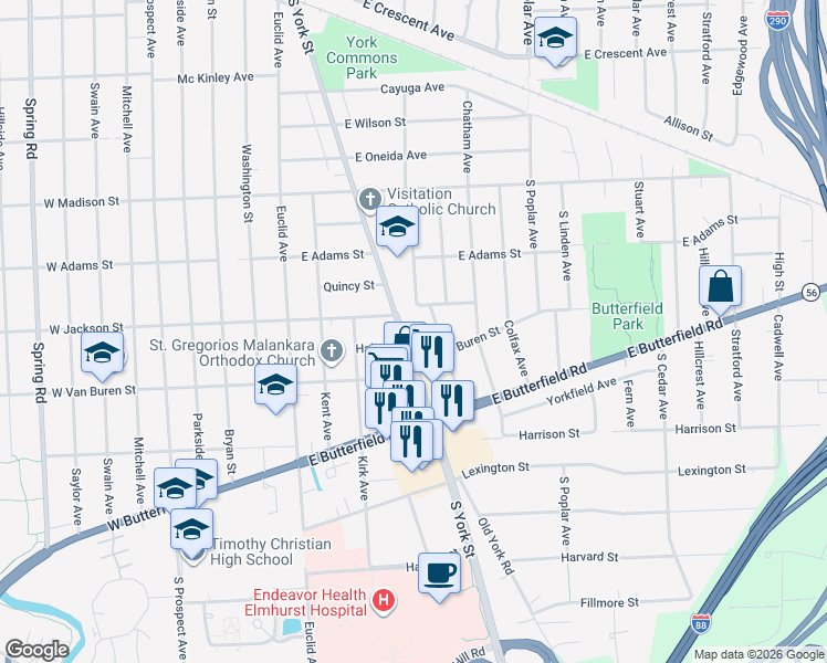 map of restaurants, bars, coffee shops, grocery stores, and more near 872 Cambridge Avenue in Elmhurst