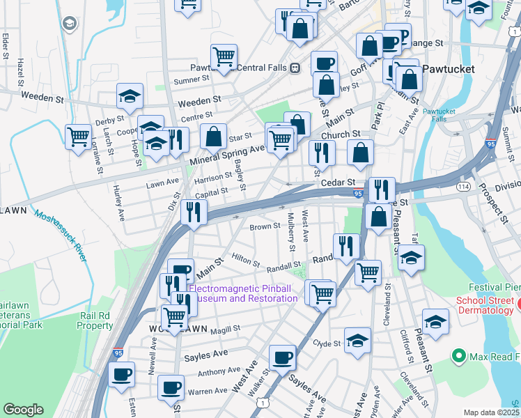 map of restaurants, bars, coffee shops, grocery stores, and more near 21 Pearl Street in Pawtucket