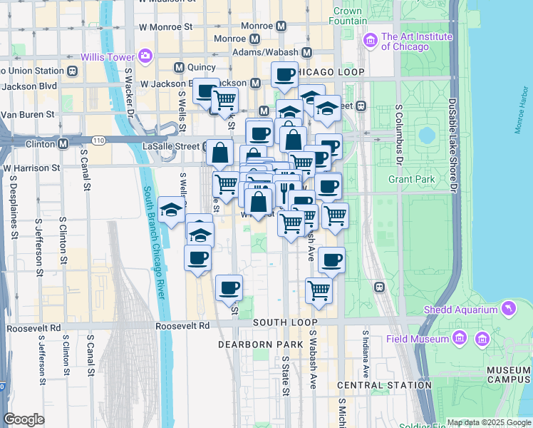 map of restaurants, bars, coffee shops, grocery stores, and more near W Polk St & S Plymouth Ct in Chicago