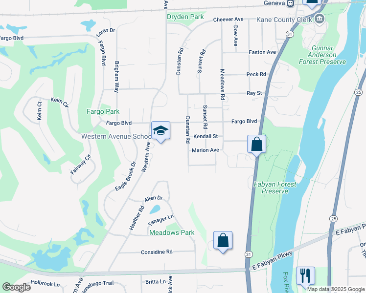 map of restaurants, bars, coffee shops, grocery stores, and more near 1408 Dunstan Road in Geneva