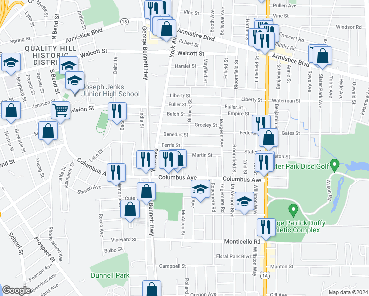 map of restaurants, bars, coffee shops, grocery stores, and more near 56 Ferris Street in Pawtucket