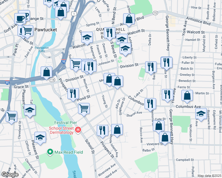 map of restaurants, bars, coffee shops, grocery stores, and more near 49 Kepler Street in Pawtucket