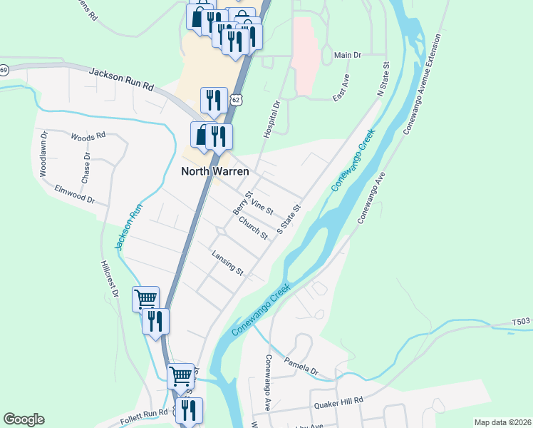 map of restaurants, bars, coffee shops, grocery stores, and more near 10-12 Vine St in Warren