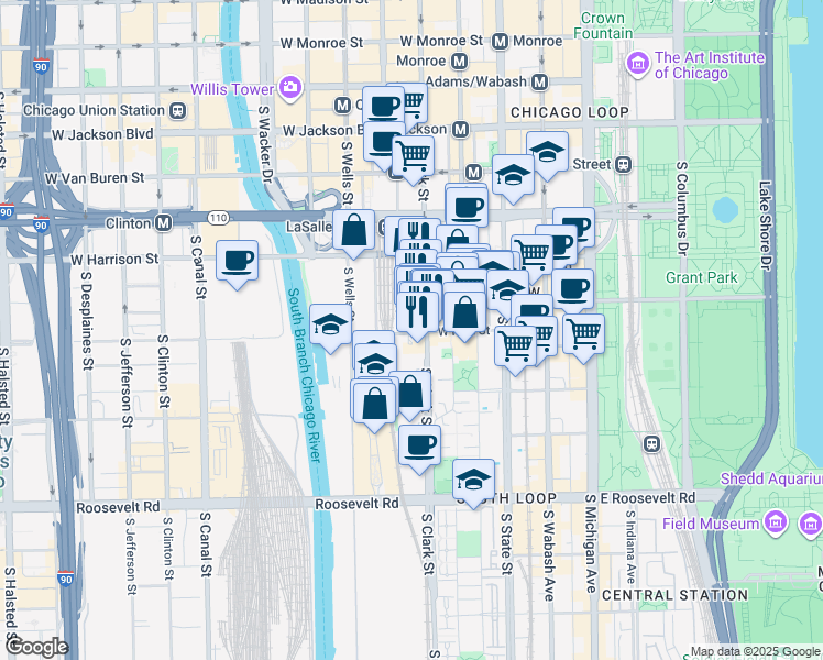 map of restaurants, bars, coffee shops, grocery stores, and more near 124 West Polk Street in Chicago