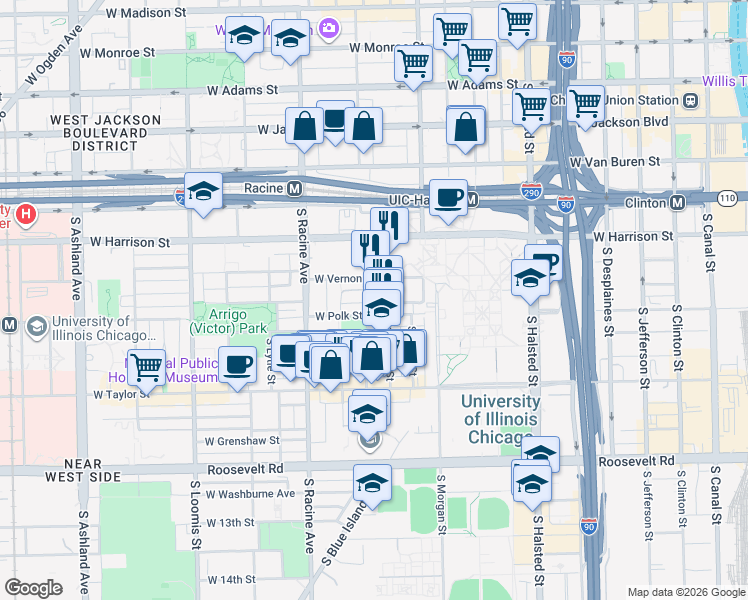 map of restaurants, bars, coffee shops, grocery stores, and more near 717 South Aberdeen Street in Chicago