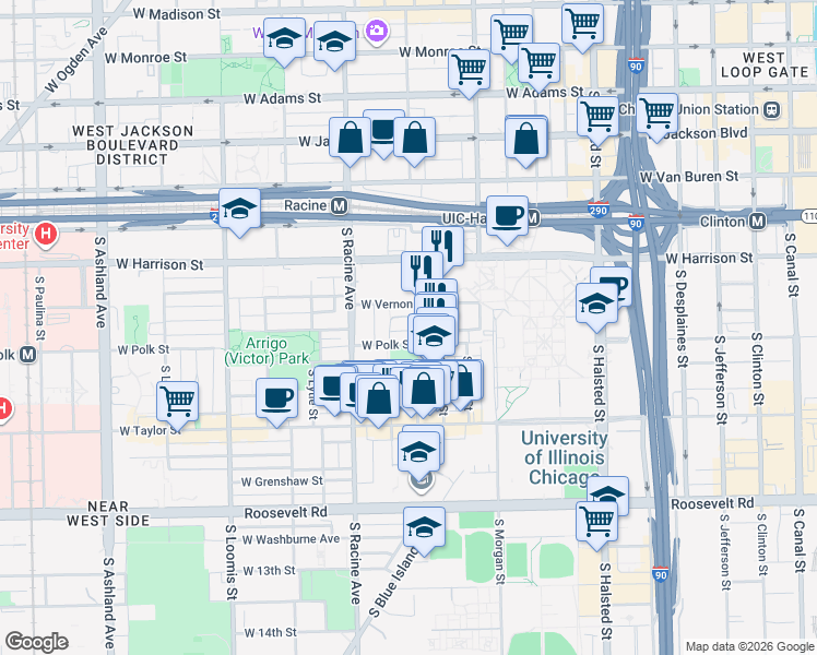 map of restaurants, bars, coffee shops, grocery stores, and more near 717 South Aberdeen Street in Chicago
