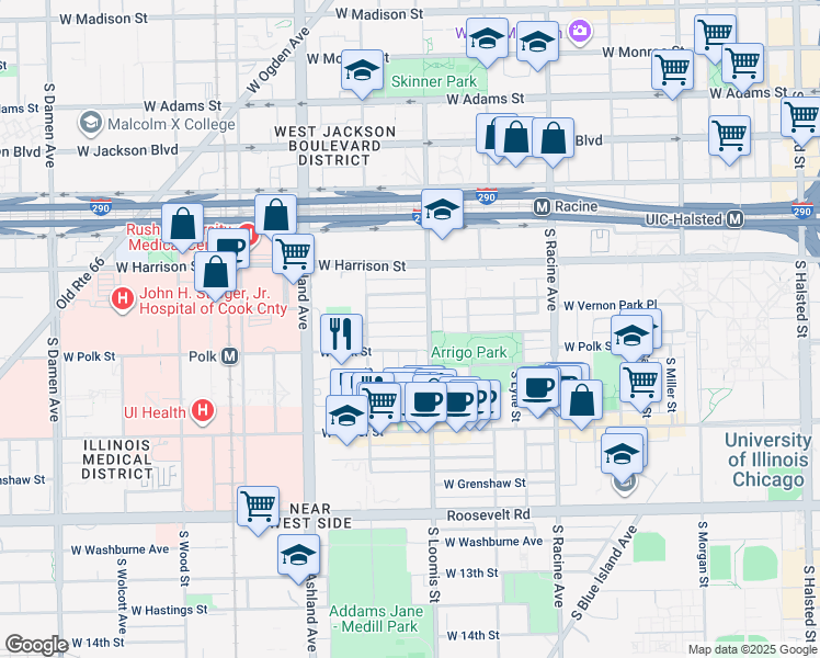 map of restaurants, bars, coffee shops, grocery stores, and more near 1430 West Lexington Street in Chicago