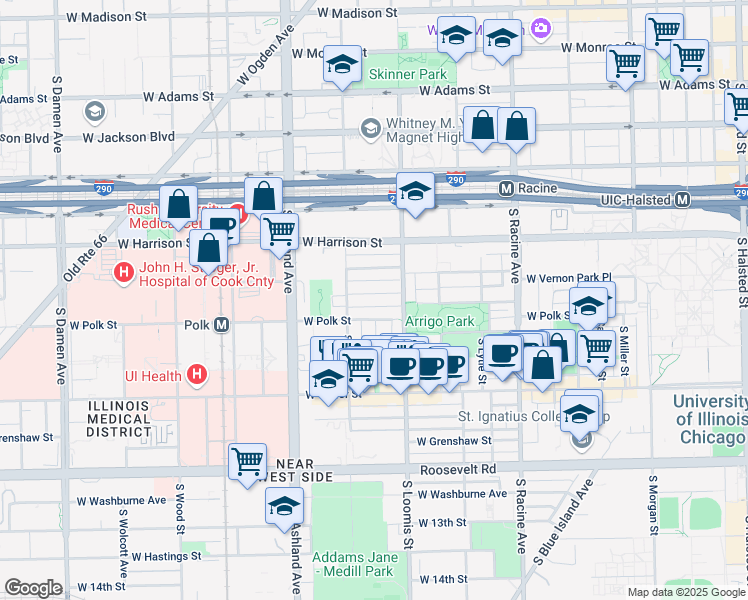 map of restaurants, bars, coffee shops, grocery stores, and more near 1430 West Lexington Street in Chicago