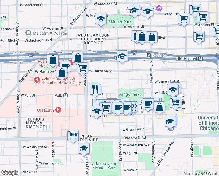 map of restaurants, bars, coffee shops, grocery stores, and more near 1430 West Lexington Street in Chicago