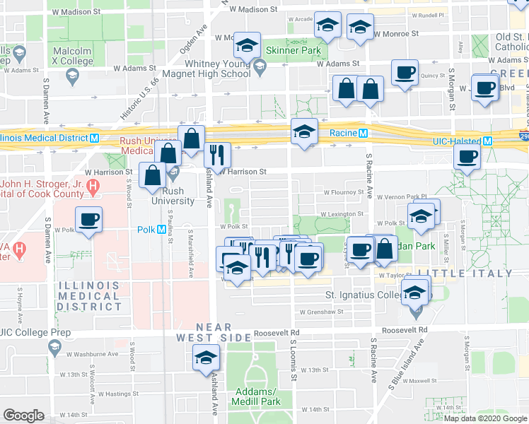 map of restaurants, bars, coffee shops, grocery stores, and more near 1430 West Lexington Street in Chicago