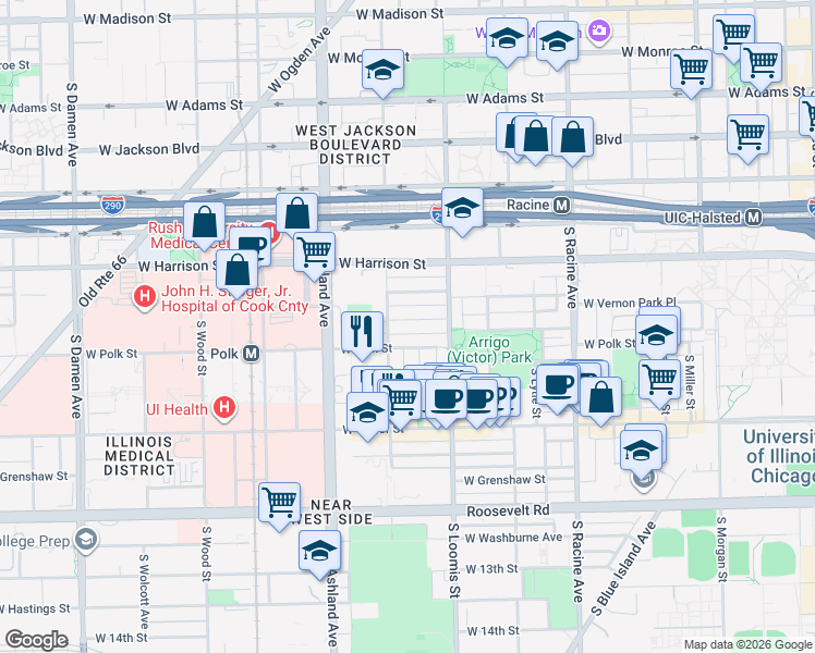 map of restaurants, bars, coffee shops, grocery stores, and more near 1430 West Lexington Street in Chicago