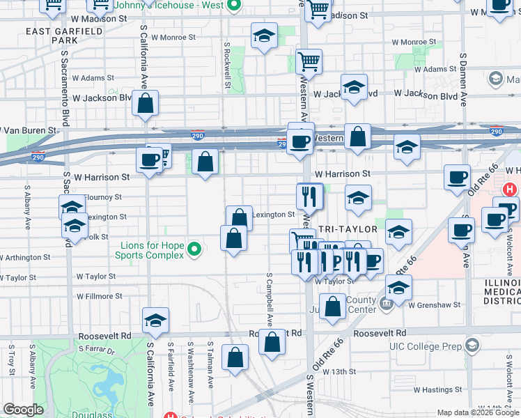 map of restaurants, bars, coffee shops, grocery stores, and more near 717 South Campbell Avenue in Chicago