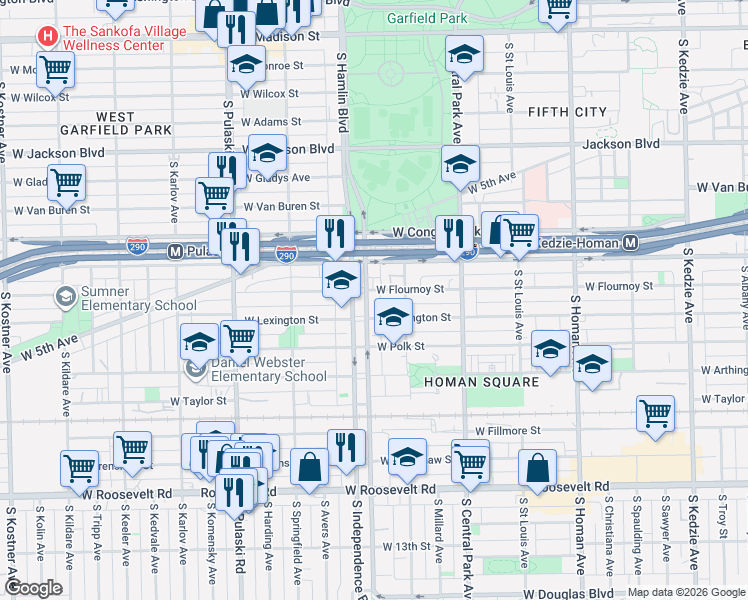 map of restaurants, bars, coffee shops, grocery stores, and more near 705 South Independence Boulevard in Chicago