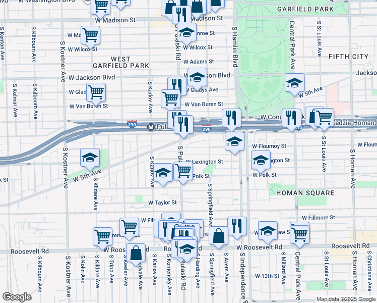 map of restaurants, bars, coffee shops, grocery stores, and more near 3943 West Flournoy Street in Chicago