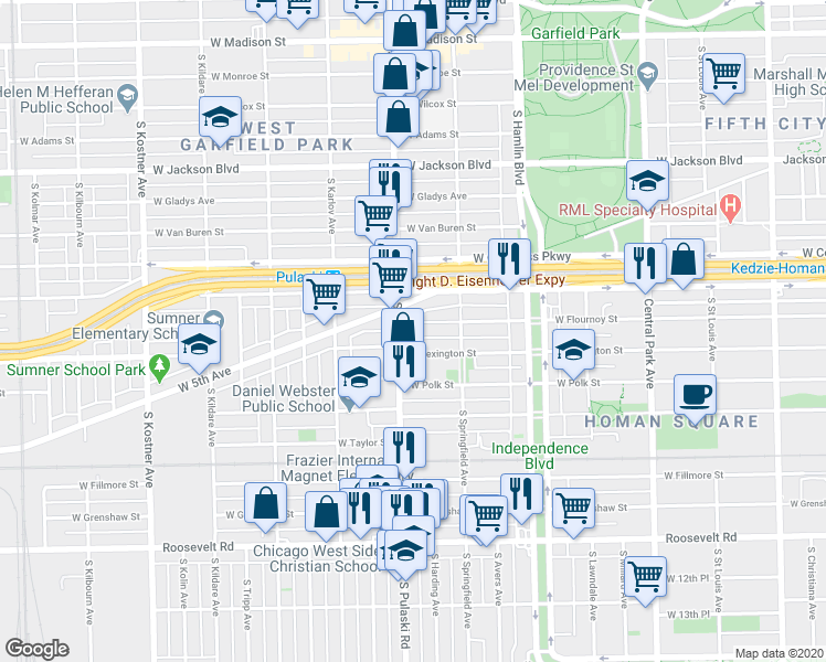 map of restaurants, bars, coffee shops, grocery stores, and more near 3943 West Flournoy Street in Chicago