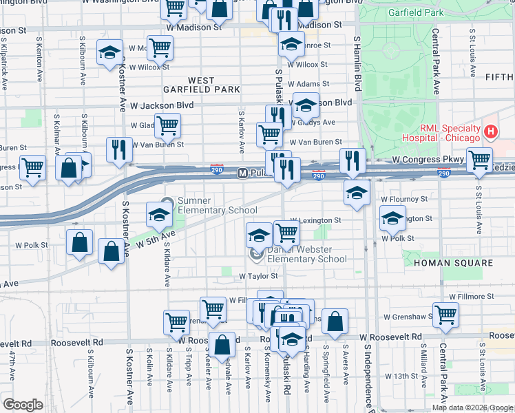 map of restaurants, bars, coffee shops, grocery stores, and more near 4056 West 5th Avenue in Chicago