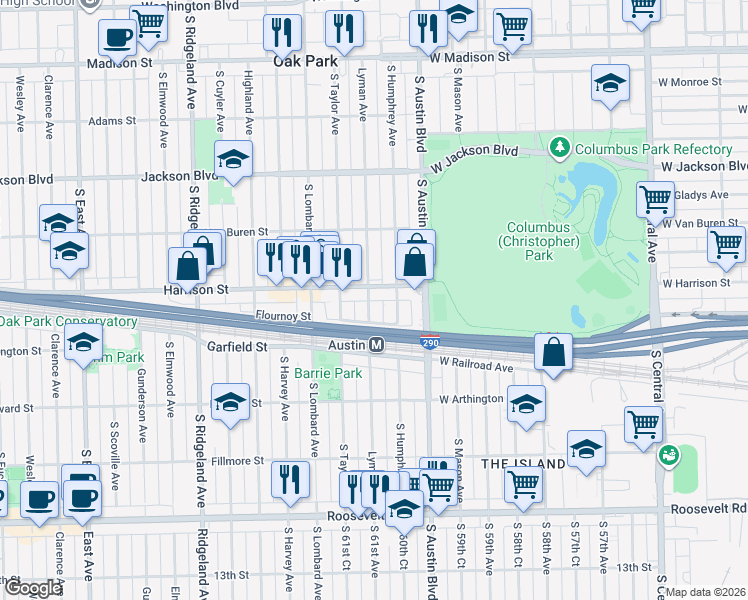 map of restaurants, bars, coffee shops, grocery stores, and more near 905 Lyman Avenue in Oak Park