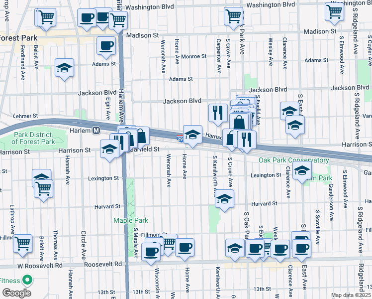 map of restaurants, bars, coffee shops, grocery stores, and more near 980 Garfield Street in Oak Park