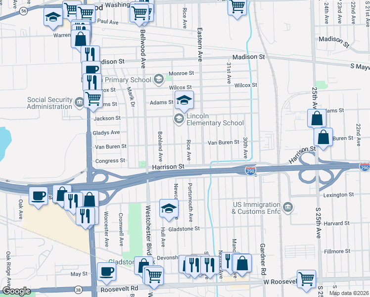 map of restaurants, bars, coffee shops, grocery stores, and more near 1100 Rice Avenue in Bellwood