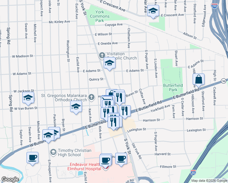 map of restaurants, bars, coffee shops, grocery stores, and more near 872 Cambridge Avenue in Elmhurst