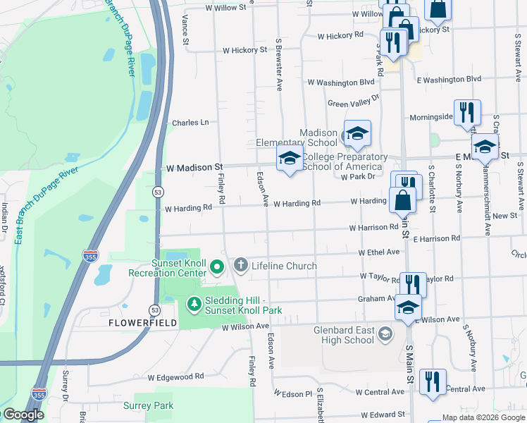 map of restaurants, bars, coffee shops, grocery stores, and more near 355 West Harding Road in Lombard