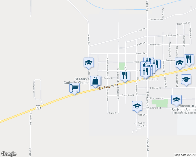 map of restaurants, bars, coffee shops, grocery stores, and more near 197 Division Street in Bronson