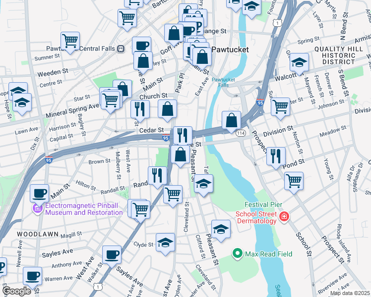 map of restaurants, bars, coffee shops, grocery stores, and more near 224 East Avenue in Pawtucket