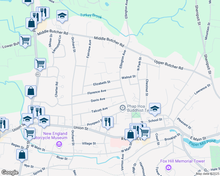 map of restaurants, bars, coffee shops, grocery stores, and more near 16 Florence Avenue in Ellington