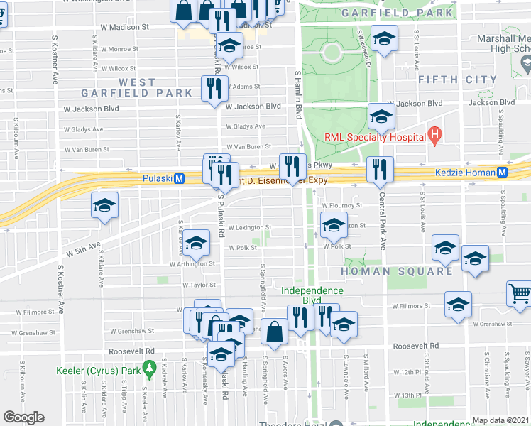 map of restaurants, bars, coffee shops, grocery stores, and more near 3863 West Flournoy Street in Chicago